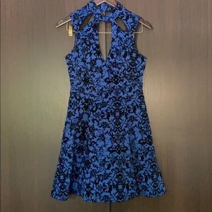 Blue & Black Cutout Velvet Embroidered Dress